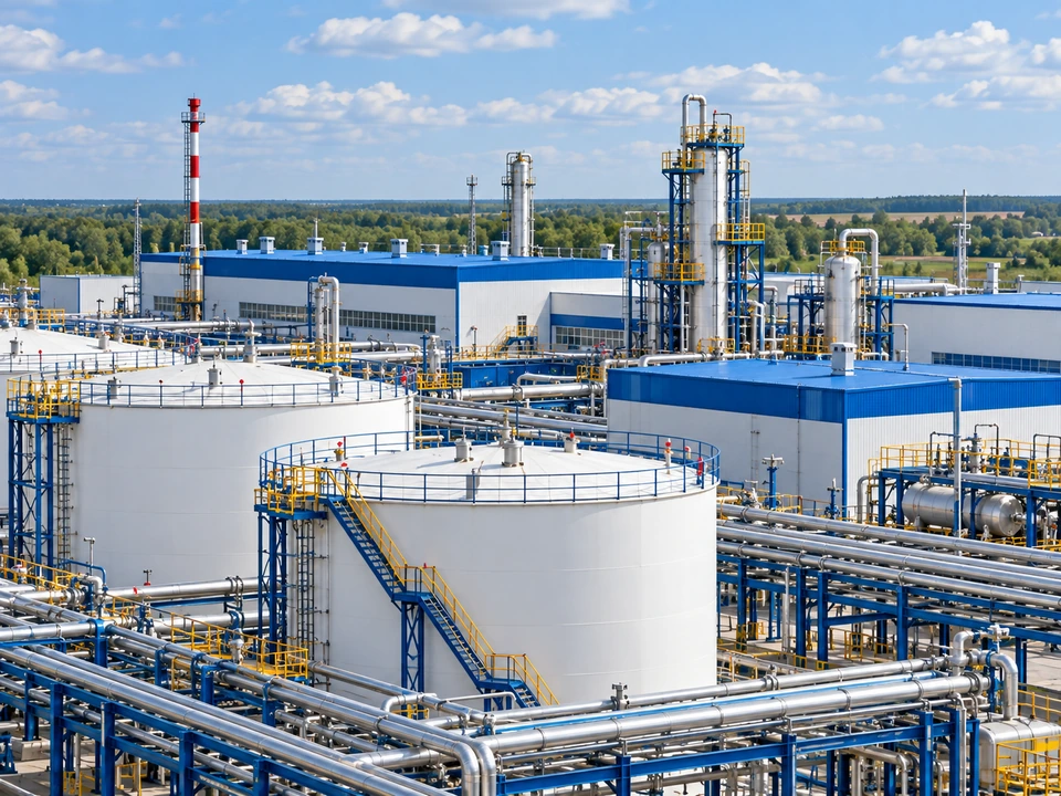 Белые промышленные резервуары, трубопроводы и сине-белые корпуса завода